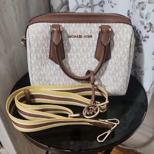 Michael Kors Cream and Brown Crossbody Bag with Yellow Strap